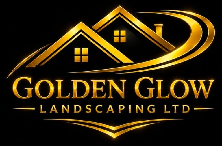 Golden Glow Landscaping Ltd logo featuring two stylized gold houses with lit windows on a black background