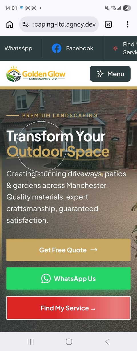 Golden Glow Landscaping website homepage showing premium landscaping services for driveways, patios and gardens in Manchester