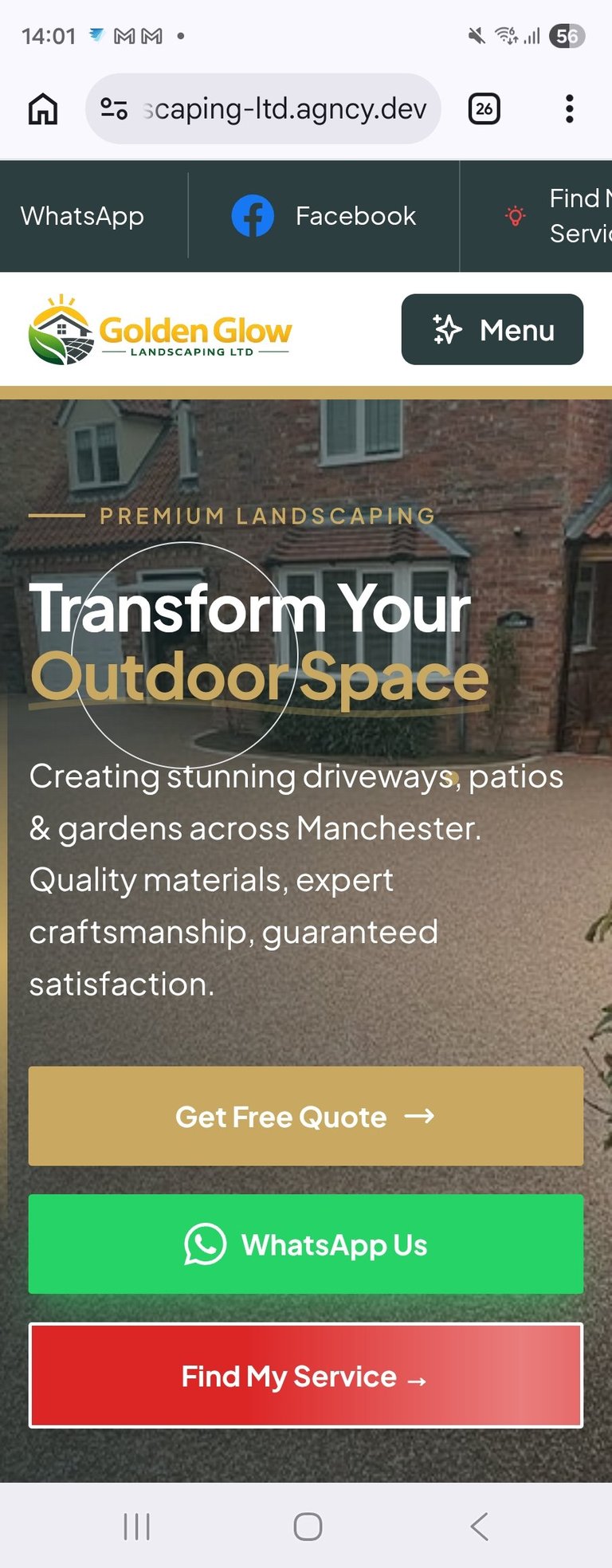 Golden Glow Landscaping website homepage showing premium landscaping services for driveways, patios and gardens in Manchester